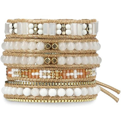 Bracelet for Women – Handmade Vegan Boho Natural Stone Layered Bracelet, Thailand Bohemian Stackable Beaded Wrap Bracelets, Summer Hippie Bracelet Stack, Fashion Jewelry Gifts - color: A16-Nude
