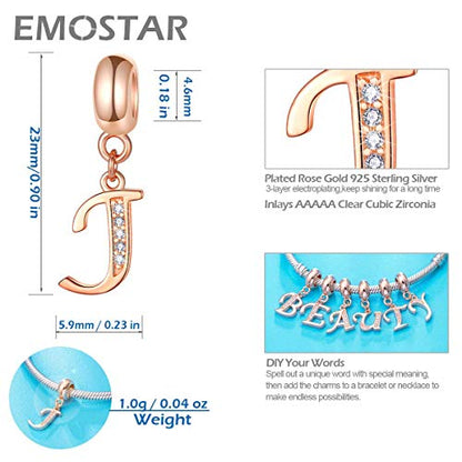 EMOSTAR Letter Charms Initial A-Z Alphabet Beads, Rose Gold 925 Sterling Silver Dangle CZ Birthstone Pendant, Gifts for European Charm Bracelet/Mothers Day/Birthday - color: Letter J