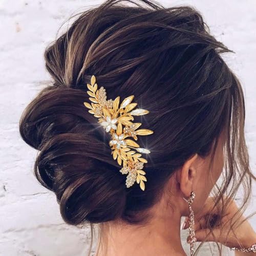 JAKAWIN Gold Hair Accessories Leaf Wedding Hair Piece Bridal Hair Comb | Crystal Hair Clip for Women - color: Gold