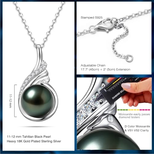 Genuine Tahitian Black Pearl Necklaces for Women, 9-12mm AAAA Seawater Pearl - Sterling Silver Moissanite Pendant, Wedding Anniversary, Birthday, Christmas Gift for Wife, Mom, Girlfriend, Fine Jewelry - size: 11-12mm, style: Phoenix