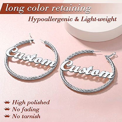 FindChic Chunky Hoop Earrings for Women, Silver/Black/14K Gold Plated Crossover Patterned Hollow Tube Rounded Loop Earrings, 30mm/40mm/60mm/80mm Hoops with Custom Name Options and Gift Box - color: e.Silver (Custom Name), size: 80MM
