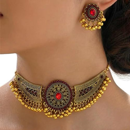 Frodete Indian Jewelry Sets for Women Traditional Bohemian Wedding Jewelry Set Indian Dresses for Women Oxidized Ethnic Party Prom Wear - color: C2:red indian necklace earring sets