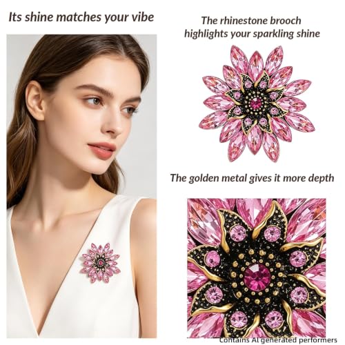 Crystal Flower Brooch Pin for Women Rhinestone Floral Lapel Jewelry - color: pink