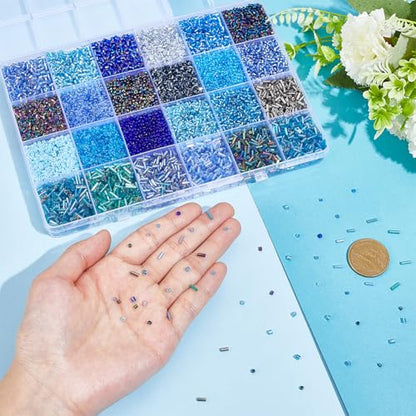 PH PandaHall 16100pcs Glass Seed Beads 24 Style 2mm Small Round Waist Bead 12/0 Ocean Blue Bugle Beads Tube Bead for Christmas Friendship Bracelet Jewelry Making Embroidery Beading Weaving DIY Craft