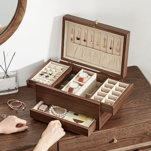 Black Walnut Wooden Jewelry Box for Women, 3 Layer | Large Wood Jewelry Organizer, Multi-functional Drawers, Watch, Necklace, Ring, Earring Storage, Gift