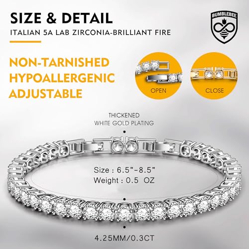 BUMBLEBEE Handmade Tennis Bracelet for Women | White Gold Plated,Italian 5A Cubic Zirconia, Hypoallergenic, Adjustable 6–7.5 Inch Jewelry Gift Anniversary, Birthday - color: White Gold, size: 7.5"
