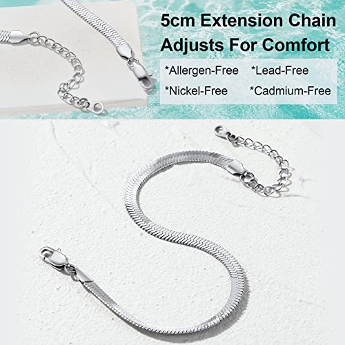 Adjustbale Link Chain Anklet for Women Summer Jewelry, 316L Stainless Steel Figaro/Wheat/Twist Rope/Cuban Foot Bracelet-Waterproof, Resizable 9"-12" (Gift Box Included) - color: 6, Herringbone - Stainless Steel-5mm