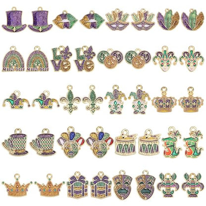 MARFOREVER 40 Pcs/20 Pairs Glitter Mardi Gras Charms for Jewelry Making | Mardi Gras Gifts, Carnival Mask Jester Fleur-de-lis Charms Pendants, Bracelets Necklace Earrings, DIY Crafts Accessories - style: Mardi Gras