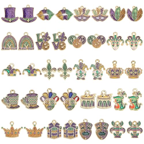 MARFOREVER 40 Pcs/20 Pairs Glitter Mardi Gras Charms for Jewelry Making | Mardi Gras Gifts, Carnival Mask Jester Fleur-de-lis Charms Pendants, Bracelets Necklace Earrings, DIY Crafts Accessories - style: Mardi Gras