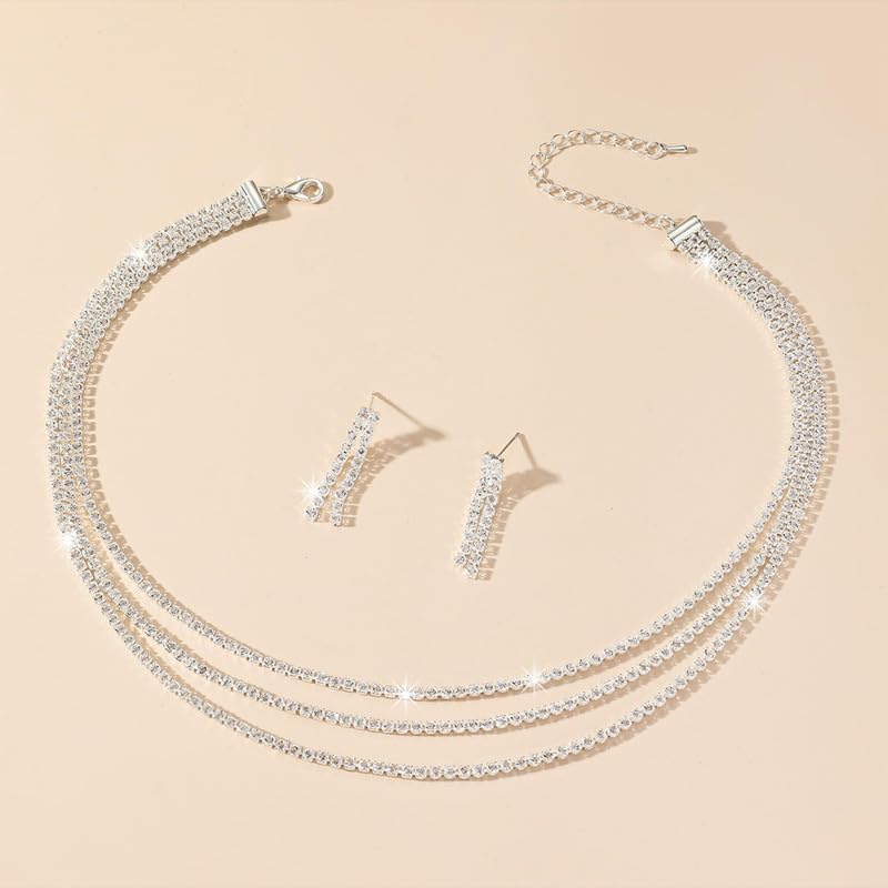 Gold Statement Choker Necklace for Women – Trendy Silver Long Layered Snake Chain Drop Necklace, Elegant Prom Party Jewelry Gift, Delicate Accessories for Her - color: B-Silver inlaid zircon necklace earrings two-piece set