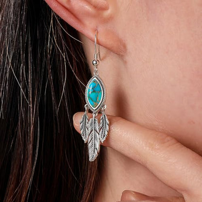 AVECON Turquoise Dangle Earrings for Women, Sterling Silver Feather Jewelry | Genuine Western Marquise Boho Pierced, Native American Jewelry with Hook and Leaf, for Cowgirl & Cowboy - color: Teal Turquoise