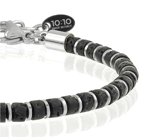 Beaded Bracelet for Men and Women – Natural Lava Gemstone Bracelet, Hematite and Stainless Steel – Adjustable, Durable and Elegant – Made in Italy - color: Black