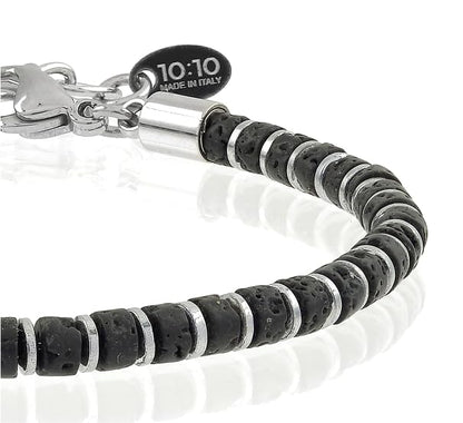 Beaded Bracelet for Men and Women – Natural Lava Gemstone Bracelet, Hematite and Stainless Steel – Adjustable, Durable and Elegant – Made in Italy - color: Black
