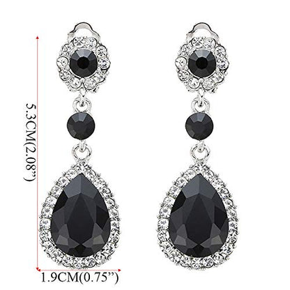 Gorgeous Austrian Crystal Rhinestone Wedding Bridal Teardrop Drop Dangle Earrings - color: Black-Clip on