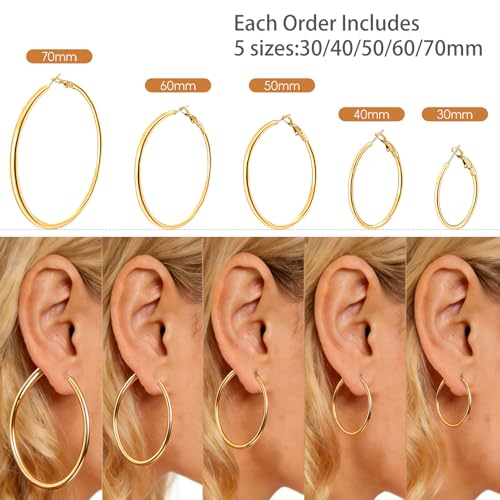 5/8 Pairs Gold Silver Hoop Earrings for Women Stainless Steel Jewelry Set | 30 40 50 60 70 mm, 14K Gold Plated Stainless Steel, Hypoallergenic, Lightweight, Thin, Small Medium Large Dangle - color: 5 Pair/Gold (30/40/50/60/70mm)