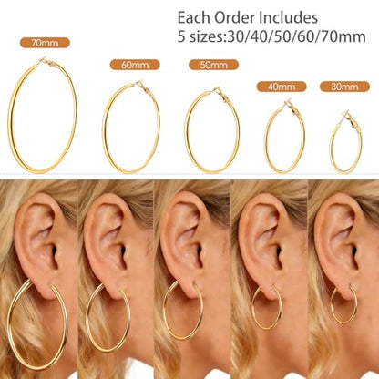 5/8 Pairs Gold Silver Hoop Earrings for Women Stainless Steel Jewelry Set | 30 40 50 60 70 mm, 14K Gold Plated Stainless Steel, Hypoallergenic, Lightweight, Thin, Small Medium Large Dangle - color: 5 Pair/Gold (30/40/50/60/70mm)