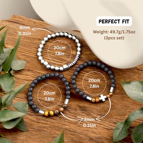3 PCS Triple Protection Bracelet Set for Men Tiger Eye, Hematite, Onyx Beaded Natural Stone Healing Crystals Jewelry Fathers Days Gift, Christmas, Baptism, Birthday