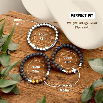3 PCS Triple Protection Bracelet Set for Men Tiger Eye, Hematite, Onyx Beaded Natural Stone Healing Crystals Jewelry Fathers Days Gift, Christmas, Baptism, Birthday