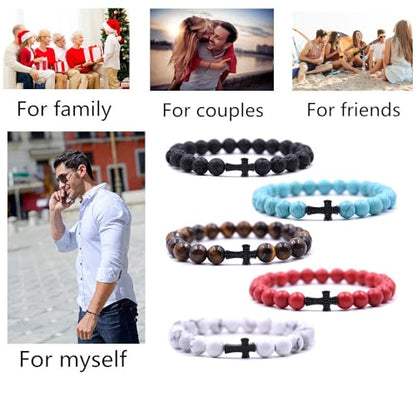 Beaded Bracelets Cross Bracelet for Women Men Lava Rock Turquoise Tiger Eye Natural Bracelet Anxiety Healing - color: 5Pcs-black zircon cross