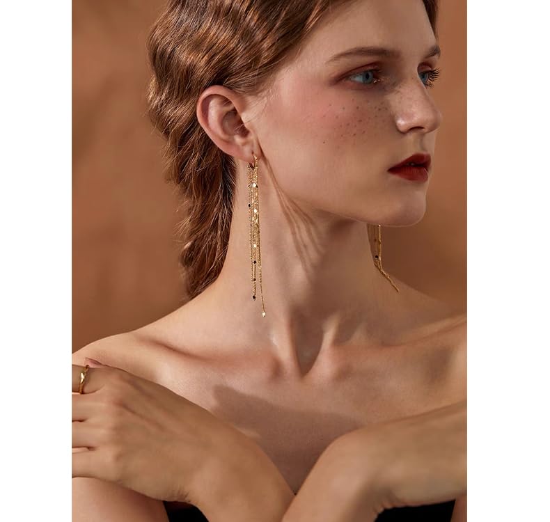 ASOQOLA Long Tassel Dangle Drop Earrings for Woman Tassel Dangling Earrings 925 Silver Chandelie dangling earring for Prom Fashion Jewelry - color: Gold