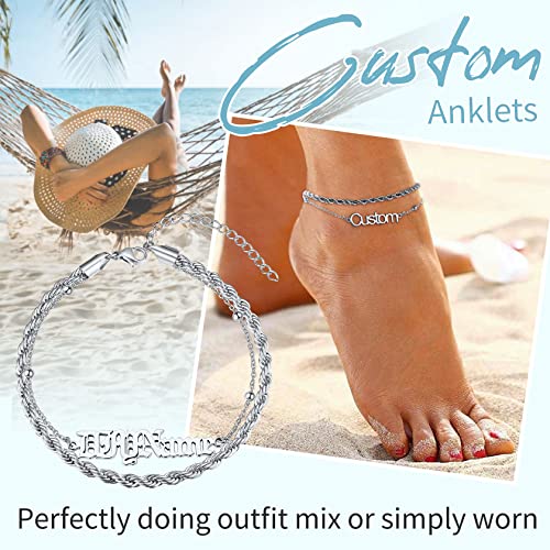 ChainsHouse Double Layer Anklet Bracelet for Women,Adjustable Chain Anklets Stackable Dainty Anklets,Stainless Steel/Gold Plated/Black Ankle Jewelry Gifts - color: A-Silver-Rope Chain