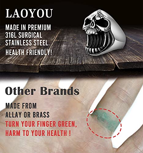 LAOYOU Skull Ring for Men | Mens Stainless Steel Vintage Skull Bottle Opener Rings, Big Solid Heavy Gothic Biker Ring Christmas Halloween Jewelry Gifts