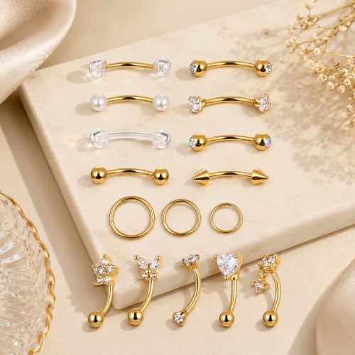 16 Pcs Rook Piercing Jewelry Eyebrow Piercing Stainless Steel Vertical Labret Lip Jewelry 16G Gold Cartilage Curved Barbell Daith Surface Tragus Belly Lip Ring Body Piercing Jewelry for Women