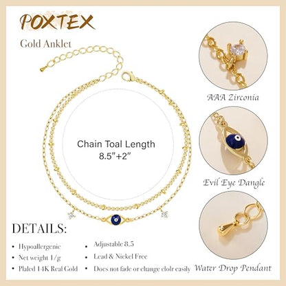 Gold/Sterling Silver Anklet Bracelets for Women Waterproof, Non Tarnish 925 Sterling Sliver Plated Heart Evileye Butterfly Charm, Dainty Summer Beach Anklets for Women, Beach Vacation Bikini Outfits for Her Mom - style: Evil eye-Gold
