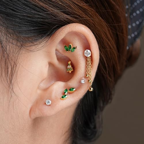 FINE4U 16G CZ Cluster Climber Cartilage Earring for Helix, Tragus - ASTM F136 Titanium Triple Marquise Labret Stud, Screw on Nickel Free Flat Back Jewelry - color: Triple Marquise - Green CZ - Gold