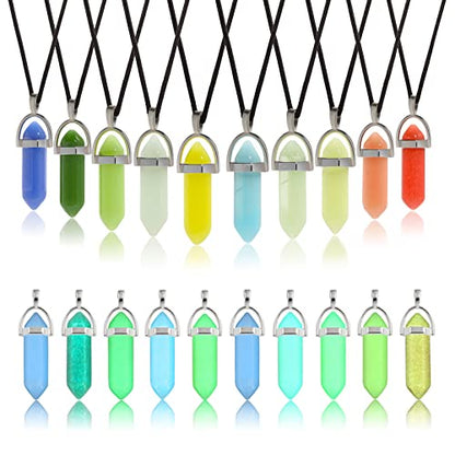 TXIN 10 Pcs Glow in the Dark Crystal Pendant Necklace, Luminous Natural Quartz Stone Necklace, Glowing Fluorescent Hexagonal Stone with Black Ropes for Women Men ‌Jewelry Gift Accessories, 10 Colors