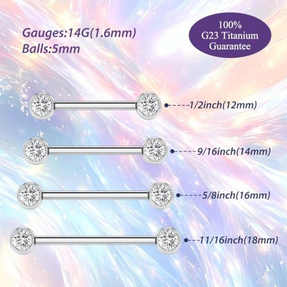 FUNLMO 2pcs Nipple Piercing Jewelry Titanium Nipple Rings Internally Threaded Tongue Rings Bridge Piercing Jewelry Nipple Barbells 14G 12-20mm - color: Silver,Clear CZ