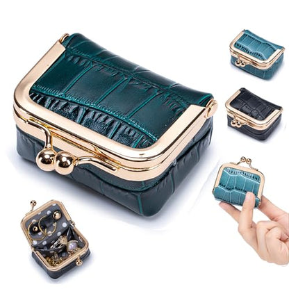 Genuine Leather Mini Jewelry Box & Coin Purse for Women, Travel Jewelry Case with Kiss Lock, Holds Earrings, Rings, Necklace, Bracelet, Coins (Green Crocdile Pattern) - color: Green Crocdile Pattern