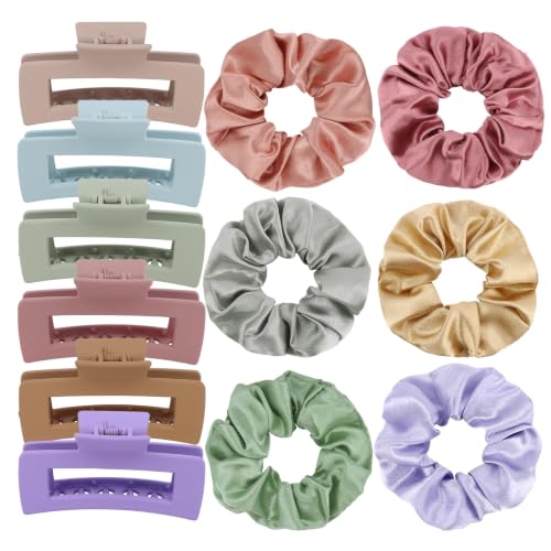 12Pcs Hair Clips & Satin Hair Scrunchies Set for Women Colorful Mixed | 6 Medium Matte Non-Slip Claw Clips for Thin Thick Curly Hair, 6 Soft Satin Scrunchies, Hair Accessories for Women Daily Wear - color: Colorful Mixed Set-A