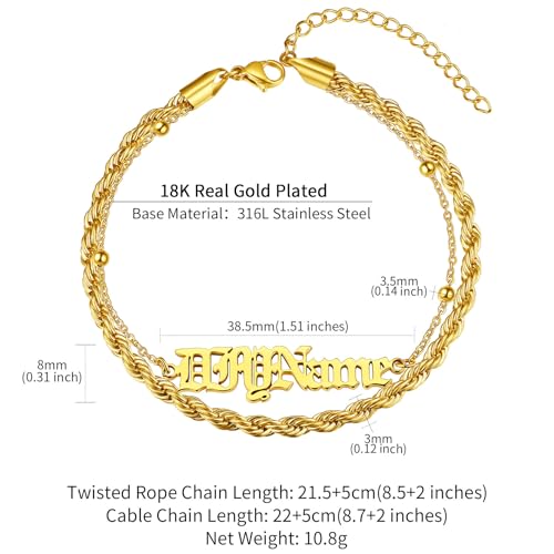ChainsHouse Double Layer Anklet Bracelet for Women,Adjustable Chain Anklets Stackable Dainty Anklets,Stainless Steel/Gold Plated/Black Ankle Jewelry Gifts - color: B-Gold Plated-Rope Chain