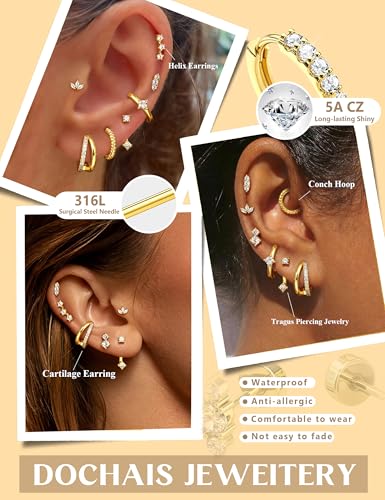 Gold Earrings for Women Flat Back Earrings Hypoallergenic Earring Stacks | 14K Gold Plated Surgical Stainless Steel Earring Set Chain Cartilage Earrings - Helix Piercing Jewelry for Women Trendy Gold - color: Gold 1
