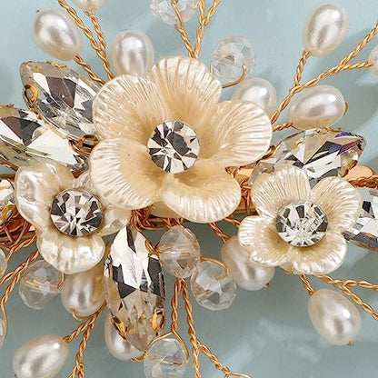 Xerling Gold Rhinestones Crystal Flower Hair Barrettes Clip Boho Bridal Pearl Hair Jewelry Accessories for Women Wedding Floral Headpieces (Gold) - color: Gold