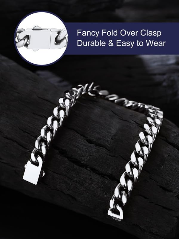 Bandmax Mens Hip Hop Cuban Link Bracelets 5/7/9/12MM Stainless Steel Miami Curb Chain Bracelet Silver/Gold Plated/Black Wristlet Chains for Men 7"-9" - color: 07 9MM-Steel