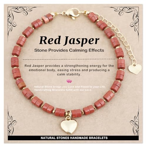 Natural Gemstone Healing Crystal Dainty Charms Bracelet Adjustable Chain Extender Minimalist Jewelry - color: Red Jasper + Heart