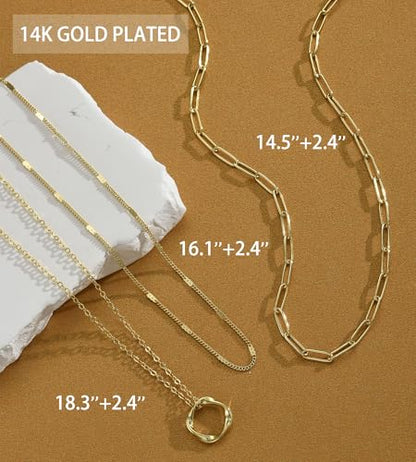 YEEZII Layered Gold Necklaces for Women Trendy, 3 Pcs 14K Gold Plated Choker Paperclip Box Chain Necklace, Stackable Women's Gold Pendant Necklaces Jewelry Set - color: Gold-3 pcs Circle