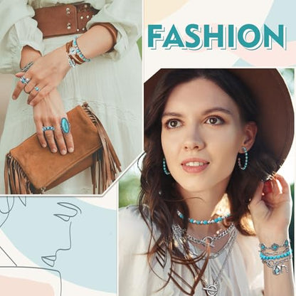 Inbagi Maitys 15 Pcs Halloween Jewelry Women Chain Necklace Bracelet Stud Earrings Hoops Bracelet Big Circle Earring Rings Set - style: Turquoise