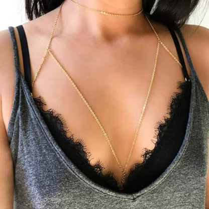 Gold Plated Body Chain for Women, Layered Bikini Waist Chain | Sexy Rhinestone Body Jewelry, Chest Belly Chain, Adjustable Fit, Crossover Design, Summer Beach Parties and Vacations - color: Gold7