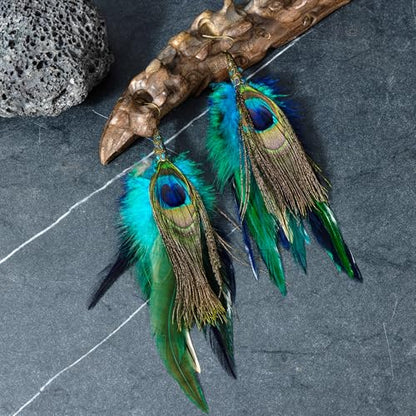 Bohemian Pheasant Peacock Long Feathers Statement Earrings Handmade Natural Lightweight Feather Dangle Earrings for Women (ea000071) - color: Peacock Blue 2