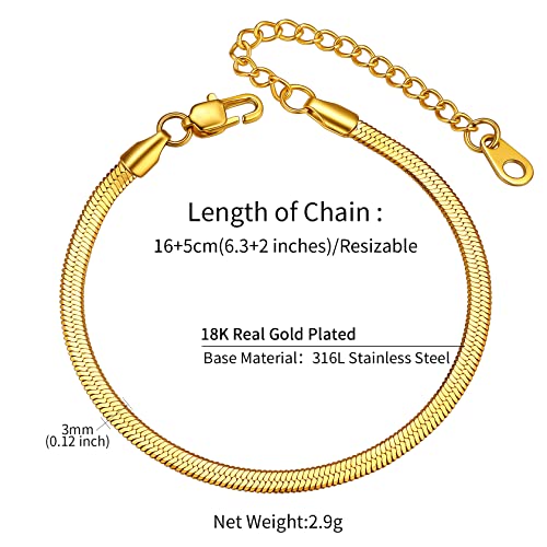 ChainsHouse Stainless Steel Herringbone Flat Chain Bracelets for Women,18K Gold/Rose Gold/Black Metal Paperclip/Snake/Cuban/Figaro Sterling Silver Link Charm Bracelet, 16+5cm Adjustable, With Gift Box - color: f. herringbone-gold-3mm