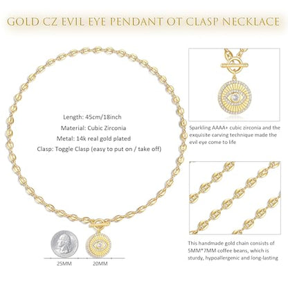 NUZON Sunburst Heart / 2-Tone Interlocking/CZ Evil Eye/Single Pearl/Love Heart Pendant Necklace for Women 14K Gold Chain Necklace Chunky Statement Jewelry - color: Evil Eye - Coffee Bean Chain