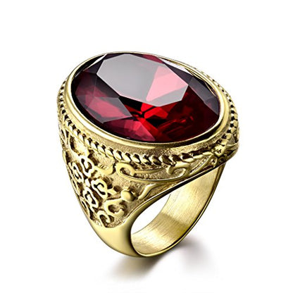 MASOP Big Crystal Cocktail Mens Rings Stainless Steel Jewelry Luxury Red Stone Fashion Party Ring