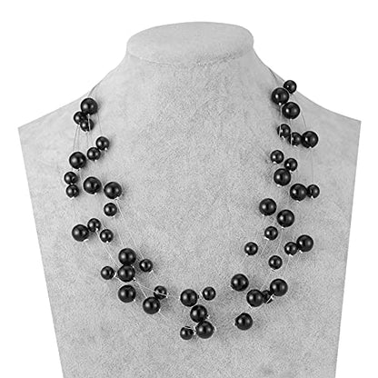 FULU AUTUMN Layered Pearl Necklace Multi-strand Pearl Choker Necklaces for Women Beaded jewelry for Wedding Parties - color: Black
