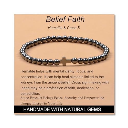 MASSIVE BEADS Handmade Yoga Stretch Elastic Bracelet Natural Stone Crystal Healing Power Energy Gifts for Unisex Adult 4mm 6mm 8mm 10mm - color: BELIEF FAITH(Hematite and Cross B), size: 4mm