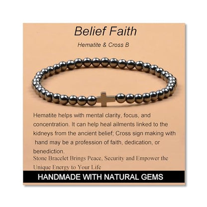 MASSIVE BEADS Handmade Yoga Stretch Elastic Bracelet Natural Stone Crystal Healing Power Energy Gifts for Unisex Adult 4mm 6mm 8mm 10mm - color: BELIEF FAITH(Hematite and Cross B), size: 4mm