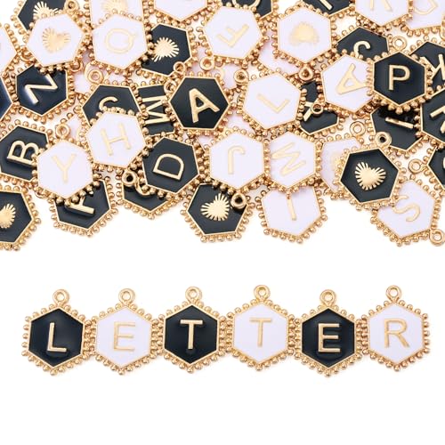 Cheriswelry Letter Alphabet Charm for Jewelry Making Initial Letter A-Z Pendants Flat Round Hexagon Alloy Enamel Charms for Necklace Bracelet Earring Jewelry Making DIY Craft - color: Black&White