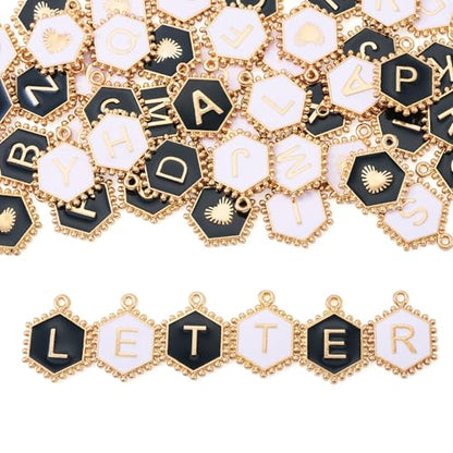 Cheriswelry Letter Alphabet Charm for Jewelry Making Initial Letter A-Z Pendants Flat Round Hexagon Alloy Enamel Charms for Necklace Bracelet Earring Jewelry Making DIY Craft - color: Black&White